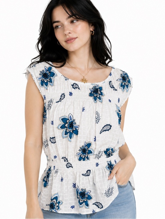 LOFT Tops - LOFT Lightweight Paisley Plaid Short Sleeve Smocked Peplum Top | Size XL